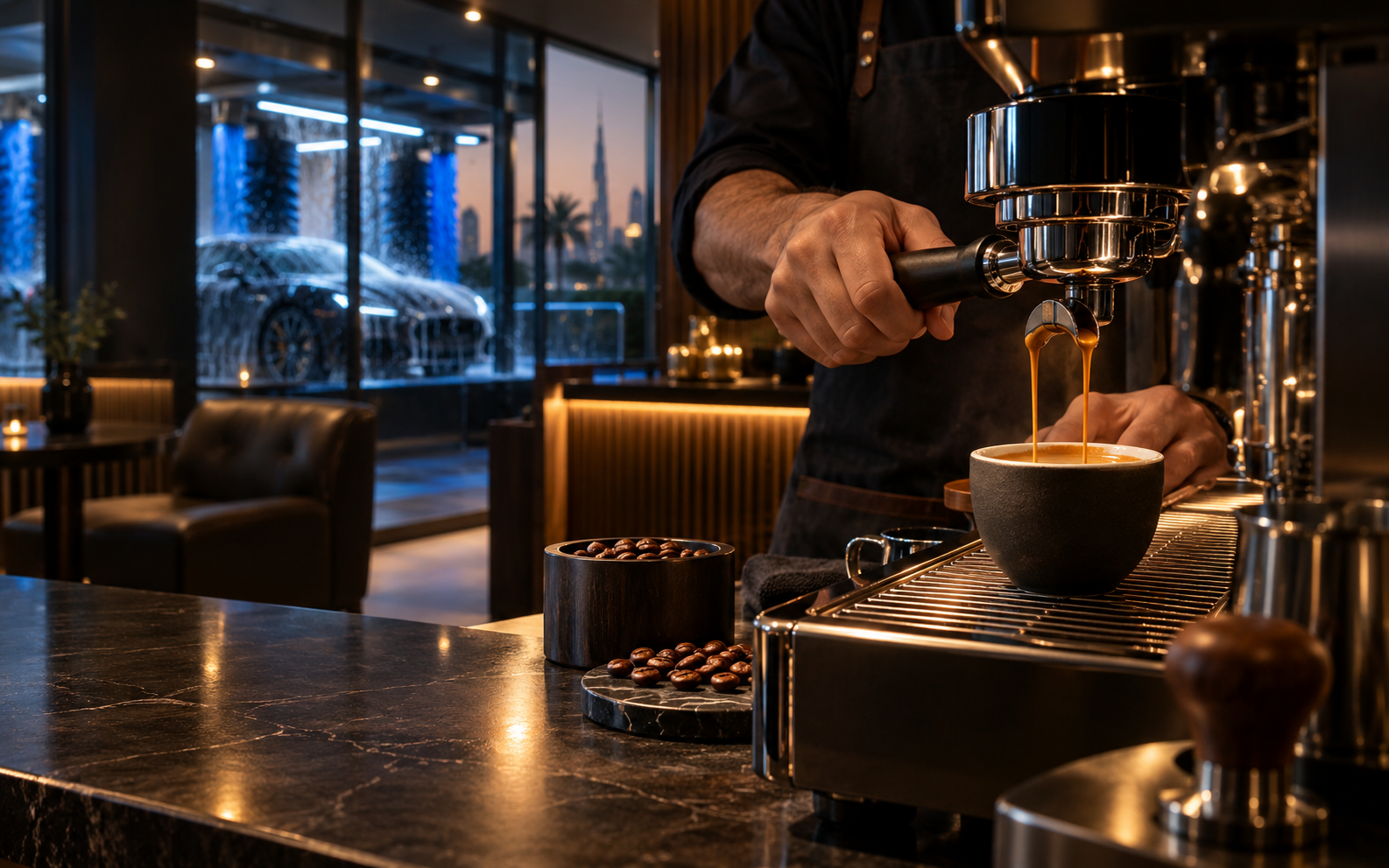 Fresh espresso being prepared at the Smart Tunnel coffee lounge