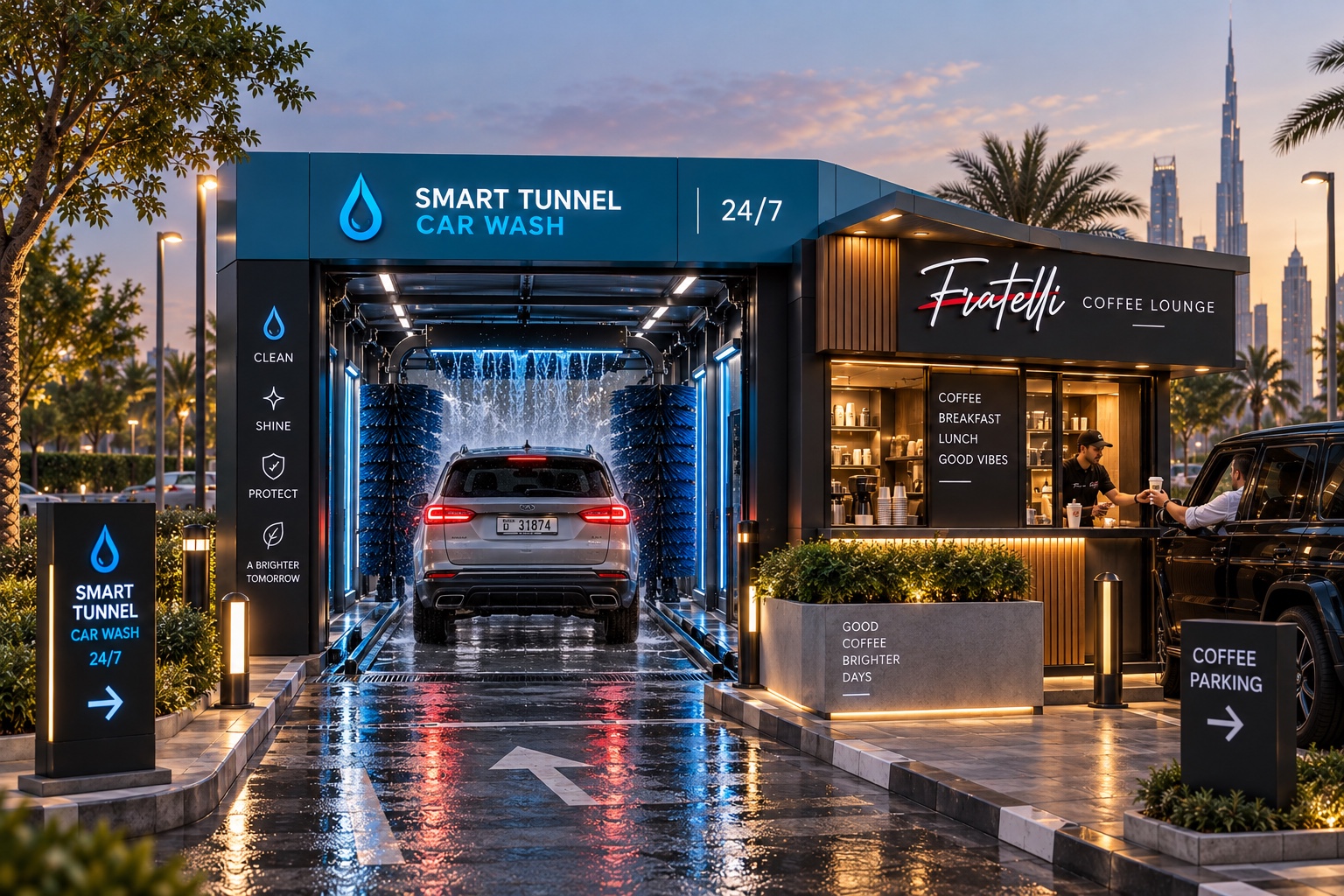 Smart Tunnel Car Wash and coffee lounge concept in Dubai