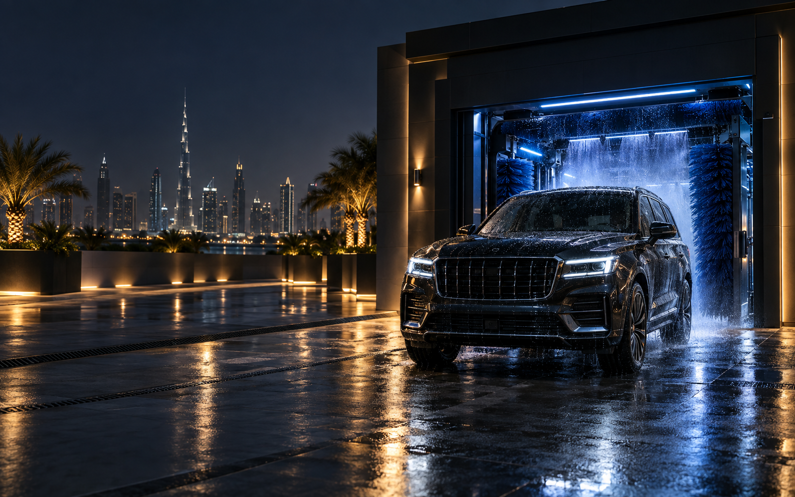 Premium Smart Tunnel car wash at night in Dubai